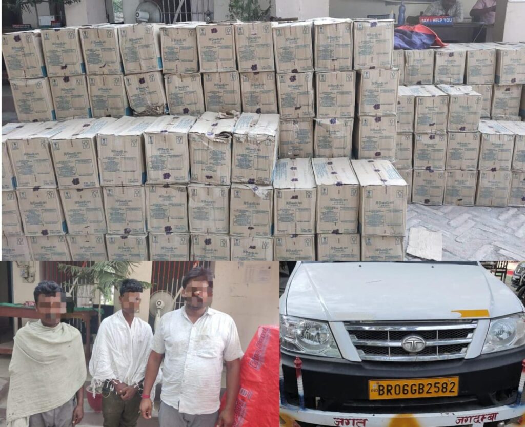 दो पिकअप वैन विदेशी शराब के साथ तीन कारोबारी को पुलिस ने किया गिरफ्तार
