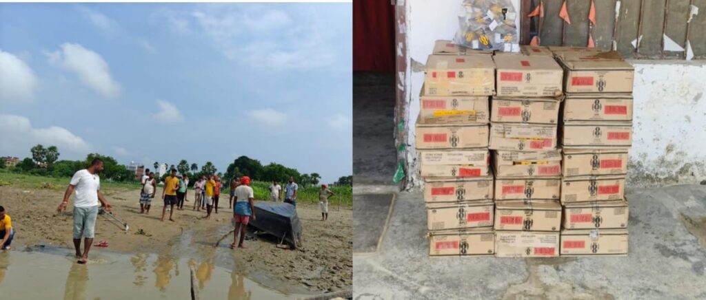 नदी में उत्पाद पुलिस को देखते ही तस्कर नाव से कूद डुबकी लगाकर हुए फरार ; पुलिस के हाथ लगी शराब व नाव ; शराब की होम डिलीवरी करने वाले दो डिलीवरी ब्वाय भी गिरफ्तार