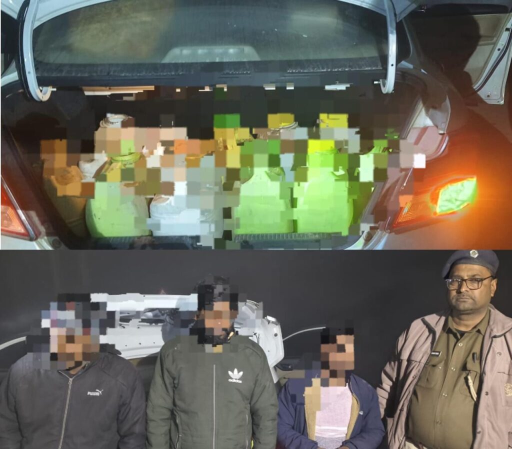 मधुकन चेक पोस्ट पर कार सहित 165 ली० देसी शराब जब्त ; तीन कारोबारी गिरफ्तार कर भेजे गए जेल
